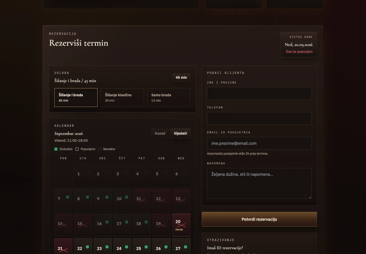 Service selection and appointment calendar.
