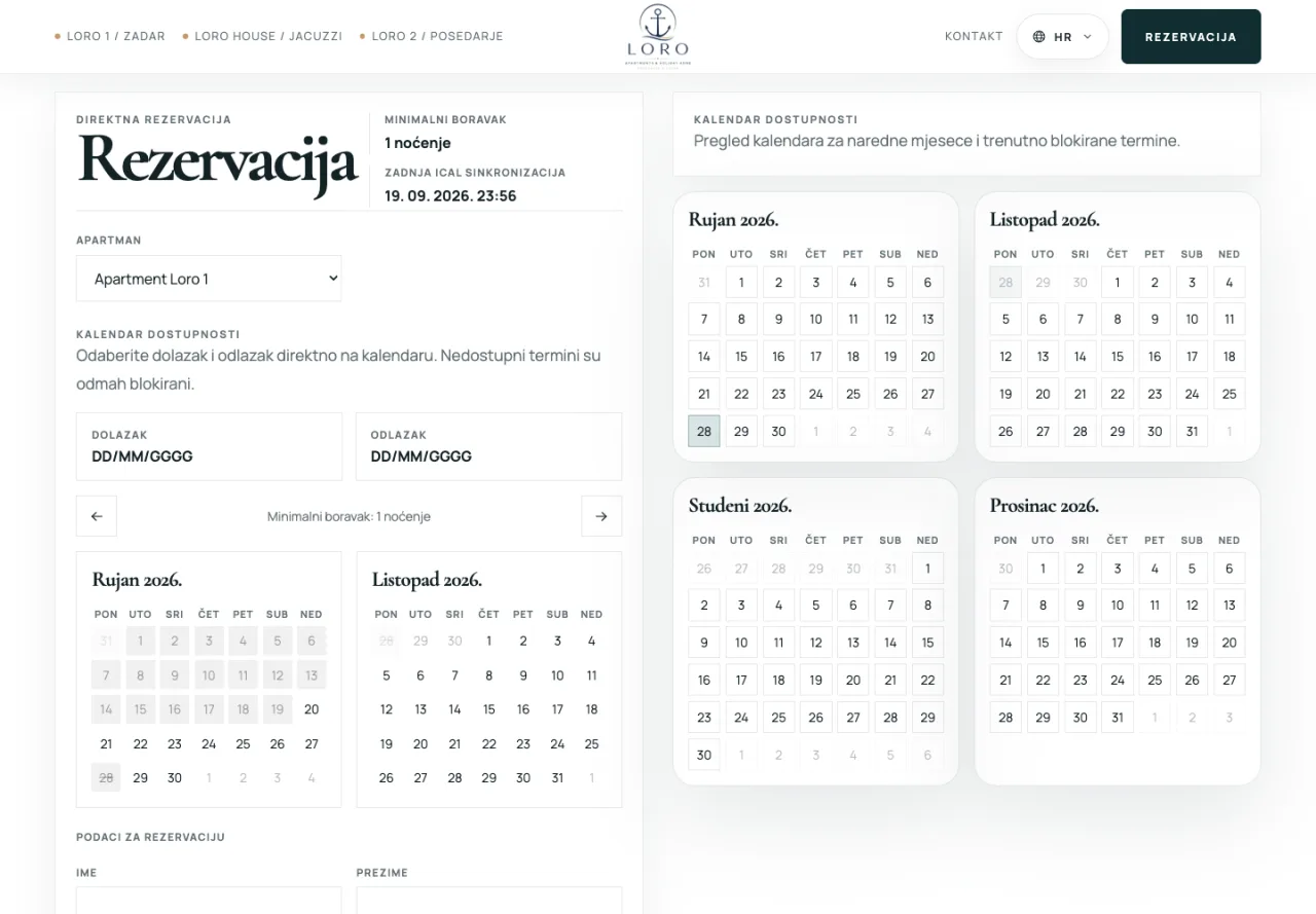Kalendar u rezervacijskom toku.
